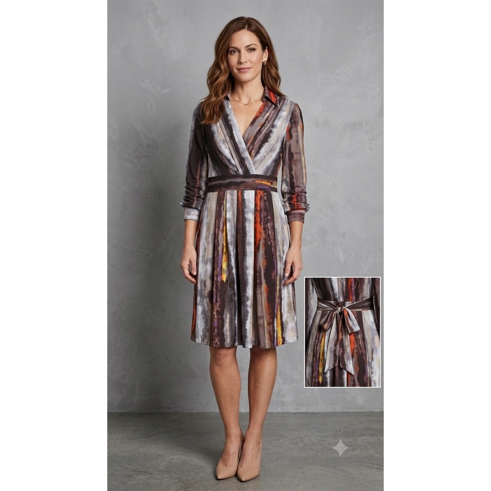 Vince Camuto Women Brown Orange Abstract Stripe Wrap Dress Size 6 Long Sleeve